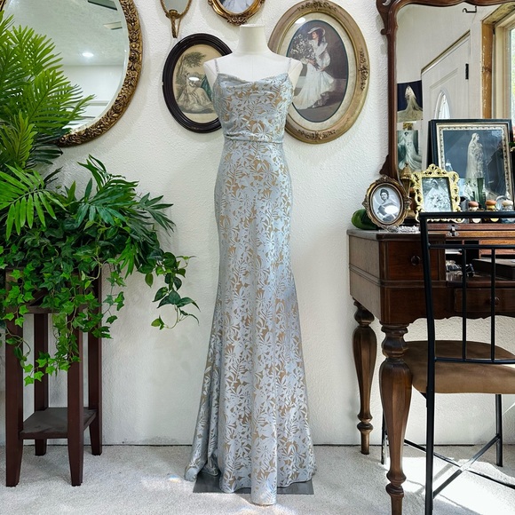 Jenny Yoo Dresses & Skirts - Jenny Yoo Silver-Blue Floral Maxi Gown